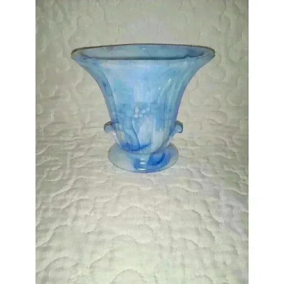Vintage Akro Agate Mini Flat Pedistal Pot Blue Swirl Slag Marble Made in USA - Picture 1 of 10